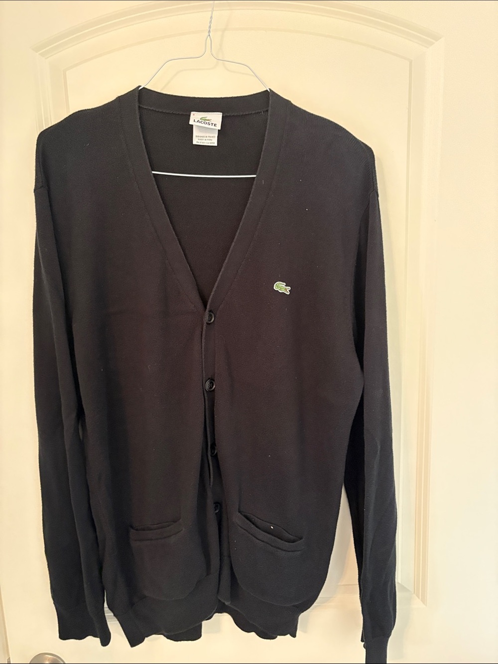 Vintage Lacoste Men’s Black V-Neck Button Cardigan with Crocodile Logo